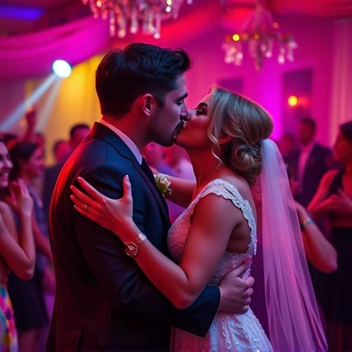 Foto colorida de um casal se beijando durante a festa de casamento