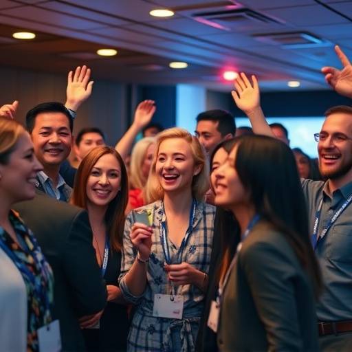 Foto de um grupo de pessoas comemorando em um evento corporativo